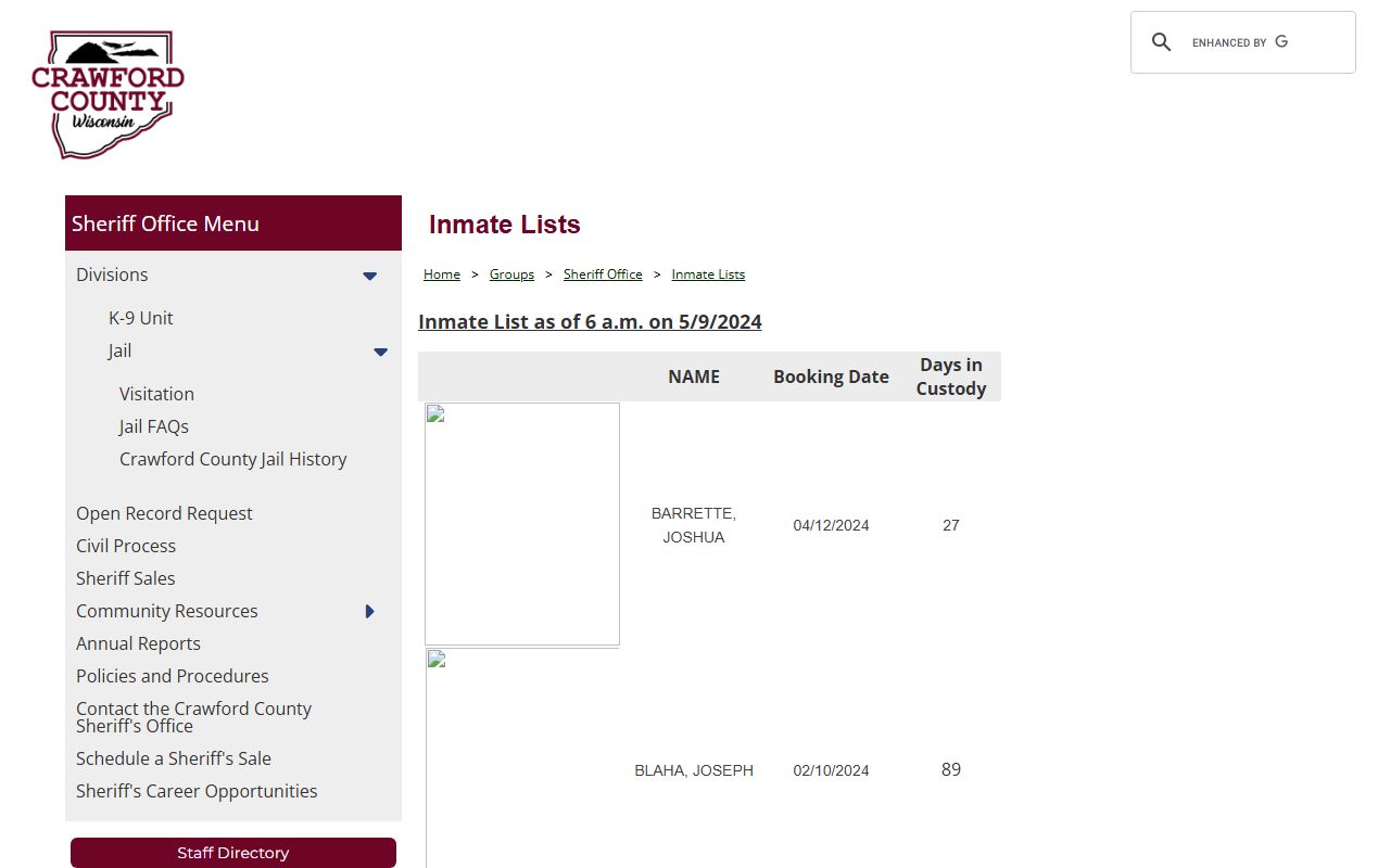 Crawford County 72 Hour Booking inmate list image